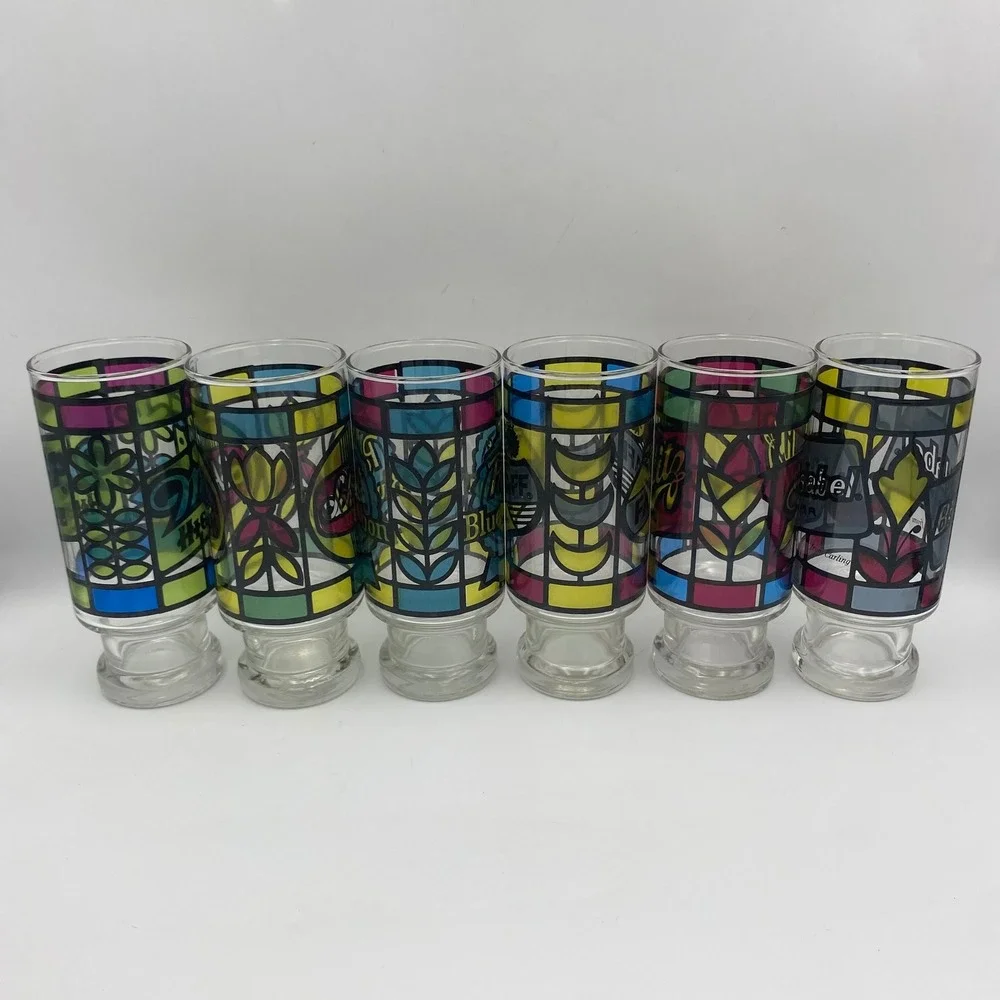 Vintage Stained Glass Beer Glasses Set of 6 PBR Miller Schlitz Falstaff Schaefer